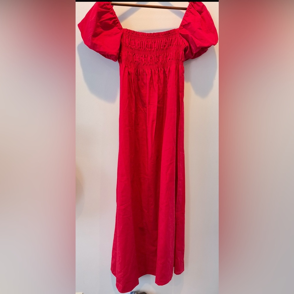 Red Smocked Maxi Dress Linen Blend Puff Sleeve Cottagecore M Kourt - Picture 3 of 6